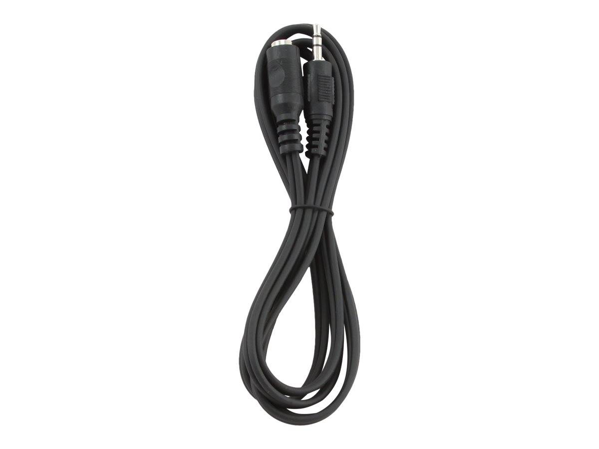 Aufgewickeltes schwarzes Audiokabel mit zwei 3,5-mm-Steckern auf weißem Hintergrund.
