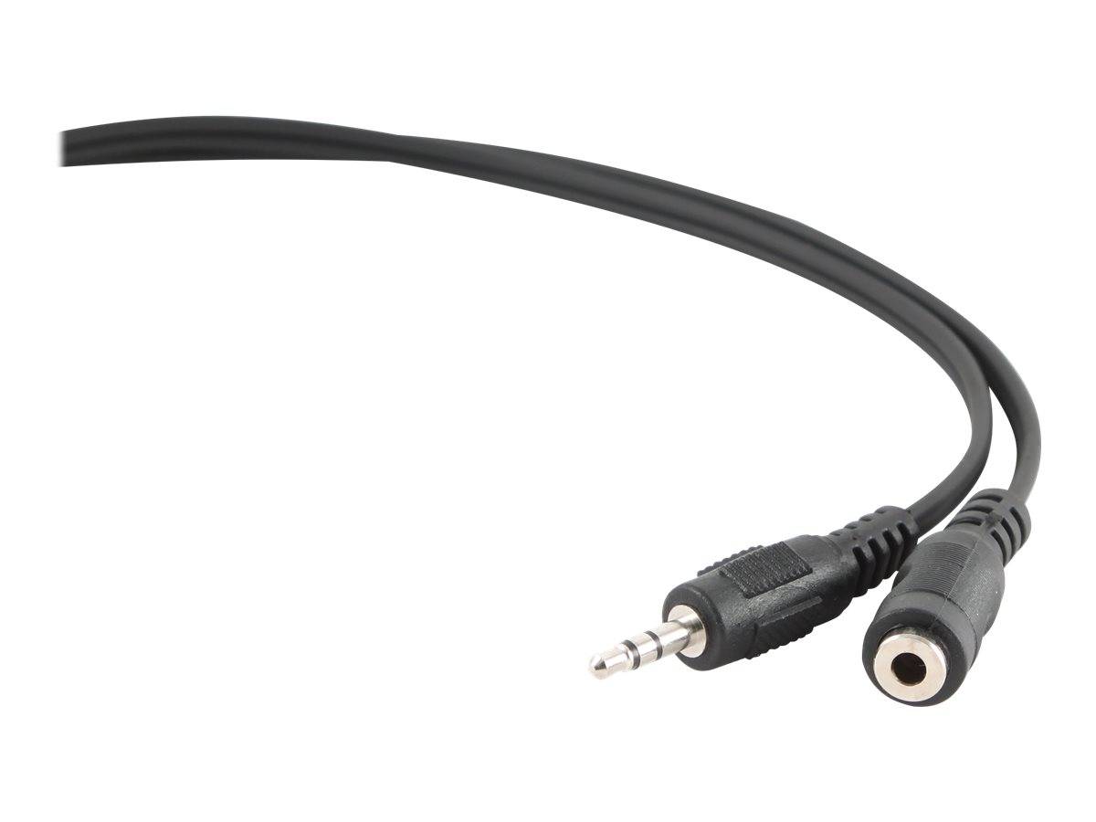 Schwarzes Audiokabel mit einem 3,5-mm-Stecker und einem passenden Buchsenadapter auf weißem Hintergrund.
