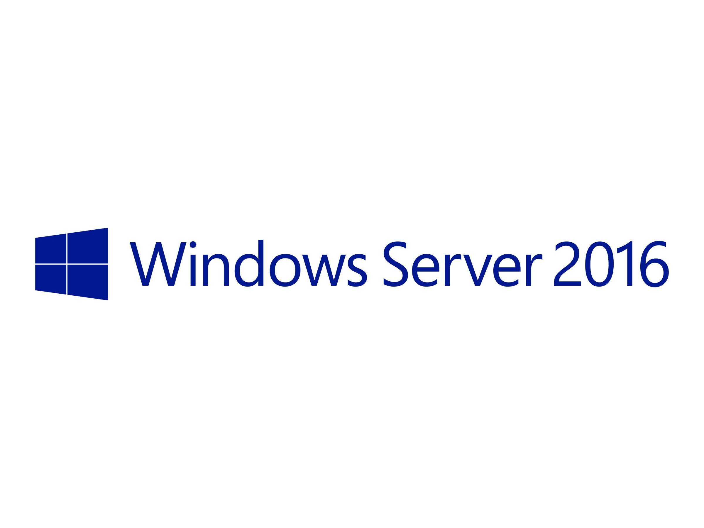 Windows Server 2016 Logo mit blauem Windows-Symbol und Produktname auf weißem Hintergrund.