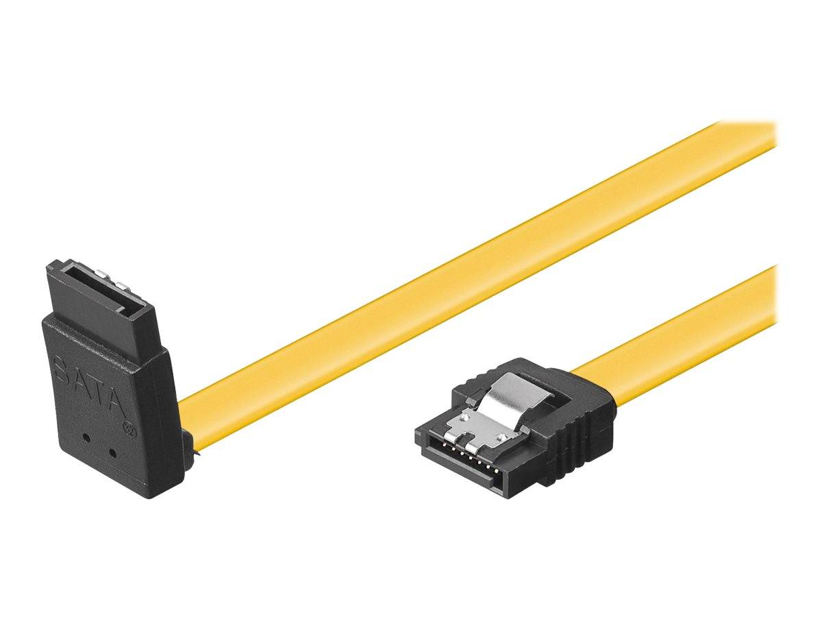 Gelbes SATA-Datenkabel mit zwei schwarzen Steckern auf weißem Hintergrund gezeigt.