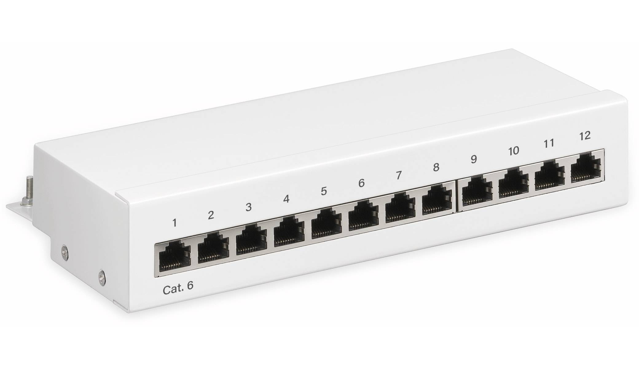 Ein weißes Netzwerk-Patchpanel mit zehn Ethernet-Anschlüssen, nummeriert von 1 bis 10, beschriftet mit 