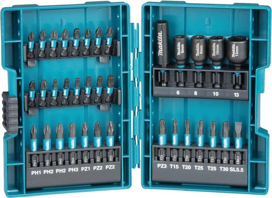 Ein offenes blaues Etui, das einen Satz verschiedener Schraubendreher-Bits mit jeweils beschrifteter Größe zeigt, die von PZ1 bis SL4 reichen.