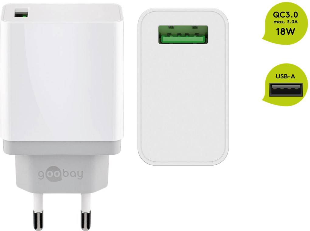 Ein weißes USB-Wandladegerät mit grünem USB-Anschluss, das die Marke „goobay