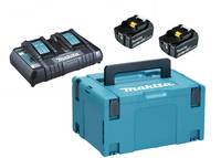 Makita Elektrowerkzeug-Set: großer blauer Transportkoffer, Ladegerät und zwei Batterien auf weißem Hintergrund.
