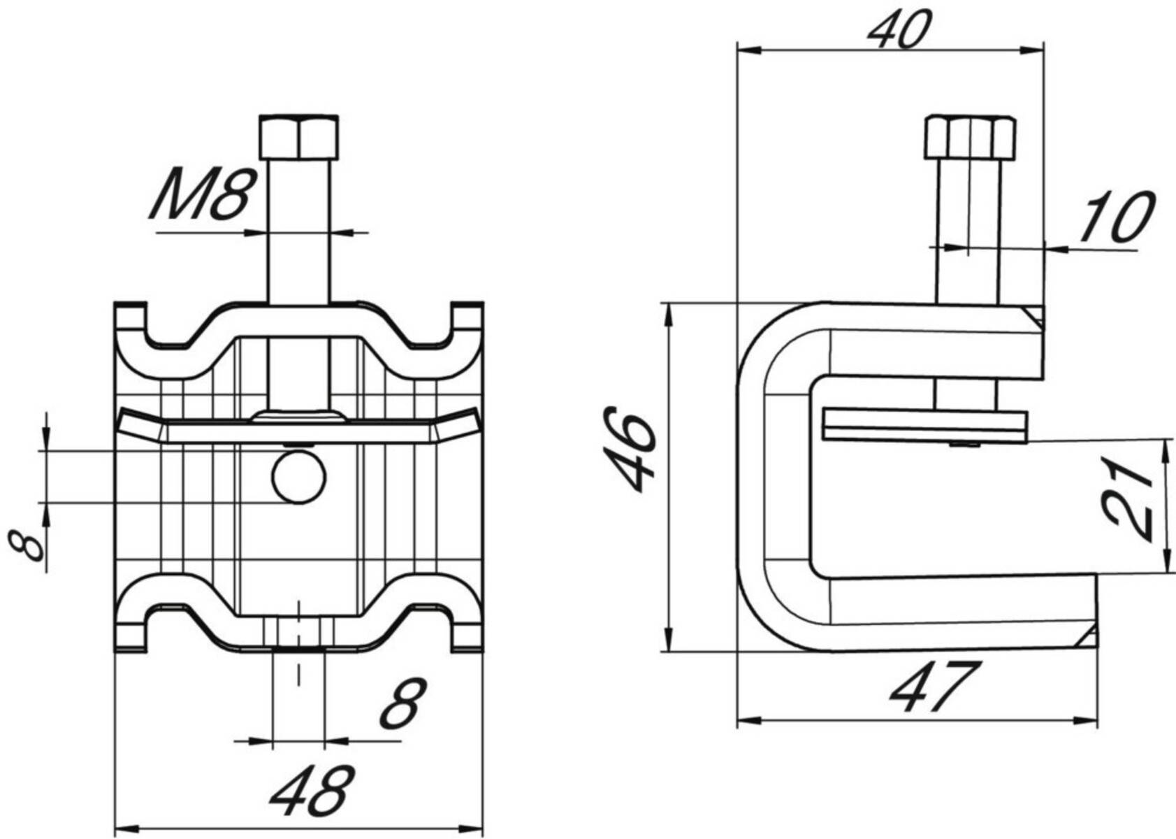Technische Zeichnung eines mechanischen Bauteils mit folgenden Dimensionen: 46 mm Höhe, 48 mm Breite und 47 mm Tiefe. Ausgestattet mit einer M8-Schraube und einem 8 mm-Flansch.