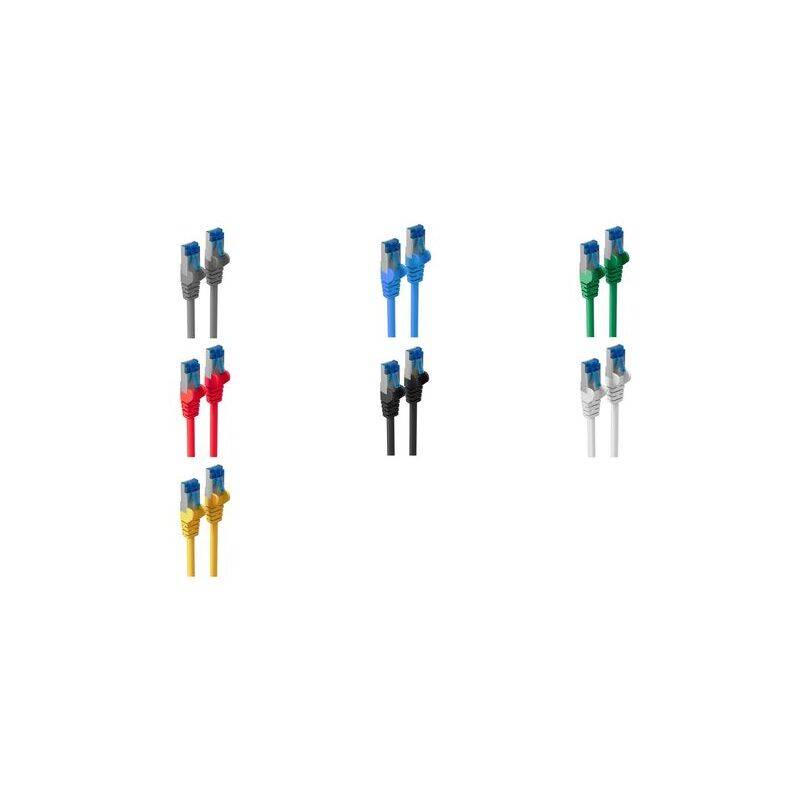 Sechs Paare Ethernet-Patchkabel mit RJ45-Steckern in verschiedenen Farben: grau, blau, grün, rot, schwarz, weiß und gelb.