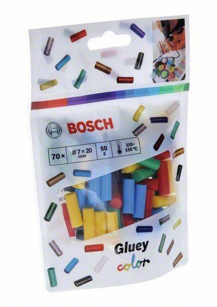 Ein Paket mit der Aufschrift 'BOSCH Gluey', das mehrfarbige Nachfüll-Klebestifte enthält, mit Angaben zur Größe und Betriebstemperatur.