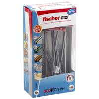 Fischer DuoTec S PH Wandverankerungs-Set in verpackter Form in einer Schachtel mit durchsichtiger Vorderseite, mit Metalldübeln und Schrauben zur Befestigung an Hohlwänden.