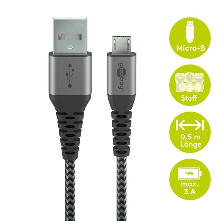 goobay Micro USB auf USB-A Textilkabel mit Metallsteckern space grau/silber 0,5 m (1er Softpack)