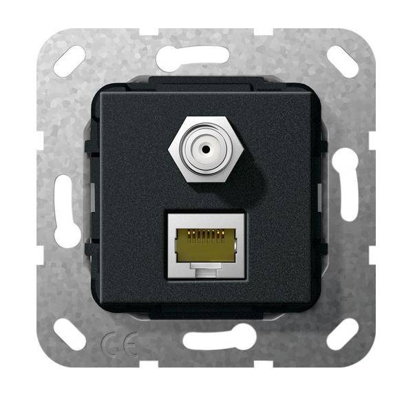 Ein schwarzes und silbernes Wandsteckdosenpanel mit einem Koaxialkabelanschluss oben und einem Ethernet-Port unten.