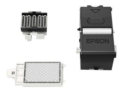 Drei Epson-Druckerteile auf weißem Hintergrund: eine Tintenpatrone, eine Walzeneinheit mit der Bezeichnung „EPSON