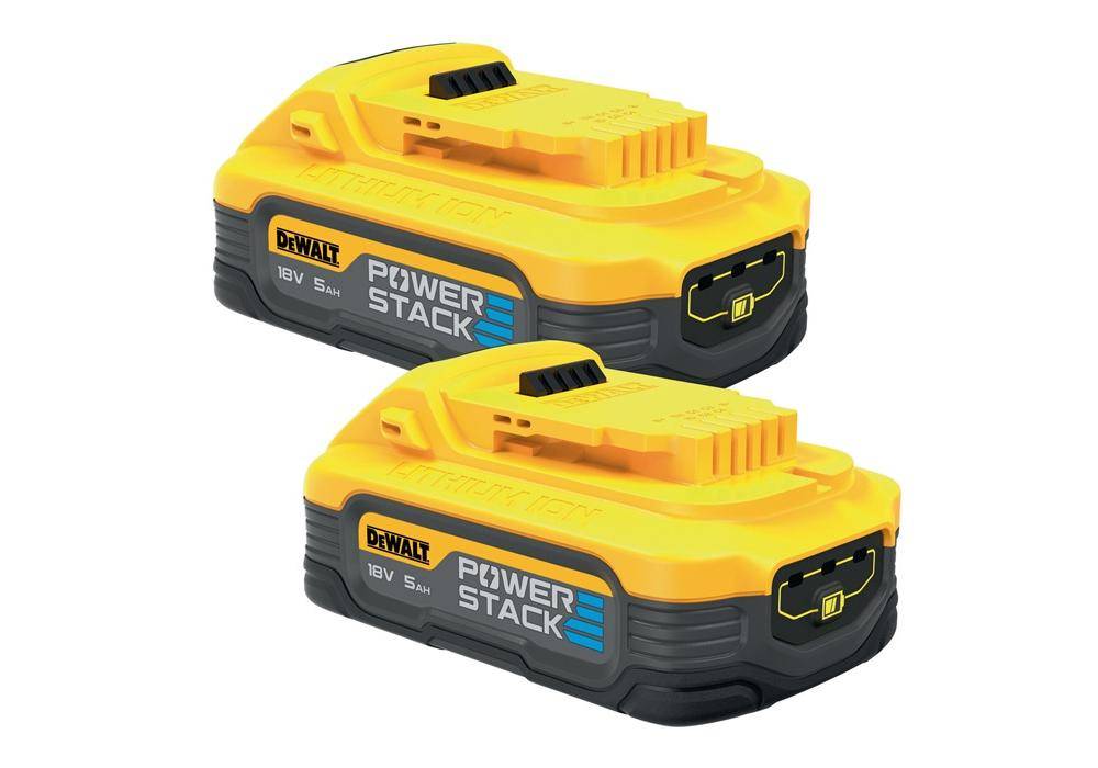 Zwei gelbe DeWalt PowerStack 18V Batterien, übereinander gestapelt, auf weißem Hintergrund, in Seitenansicht mit sichtbarem Branding gezeigt.