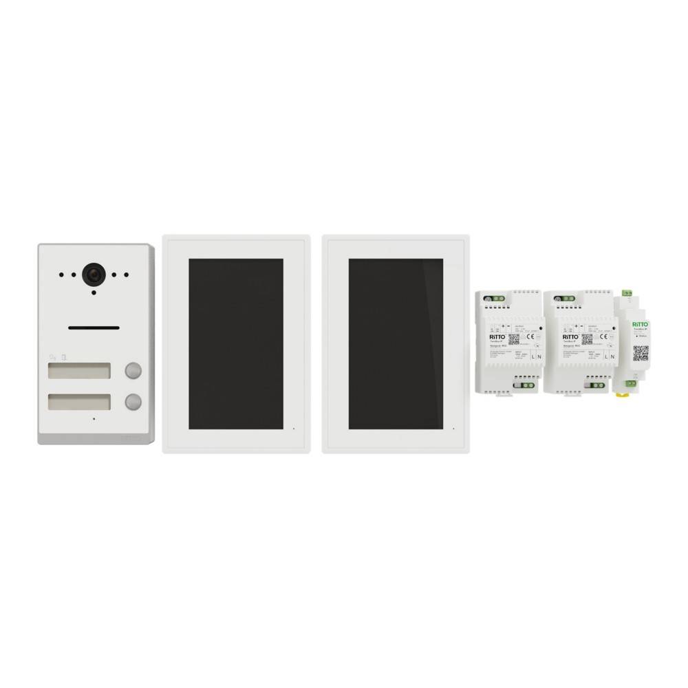 Weiße Videosprechanlage-Komponenten: eine Kamera-Türstation, zwei Indoor-Touchscreen-Monitore und zwei Steuermodule.