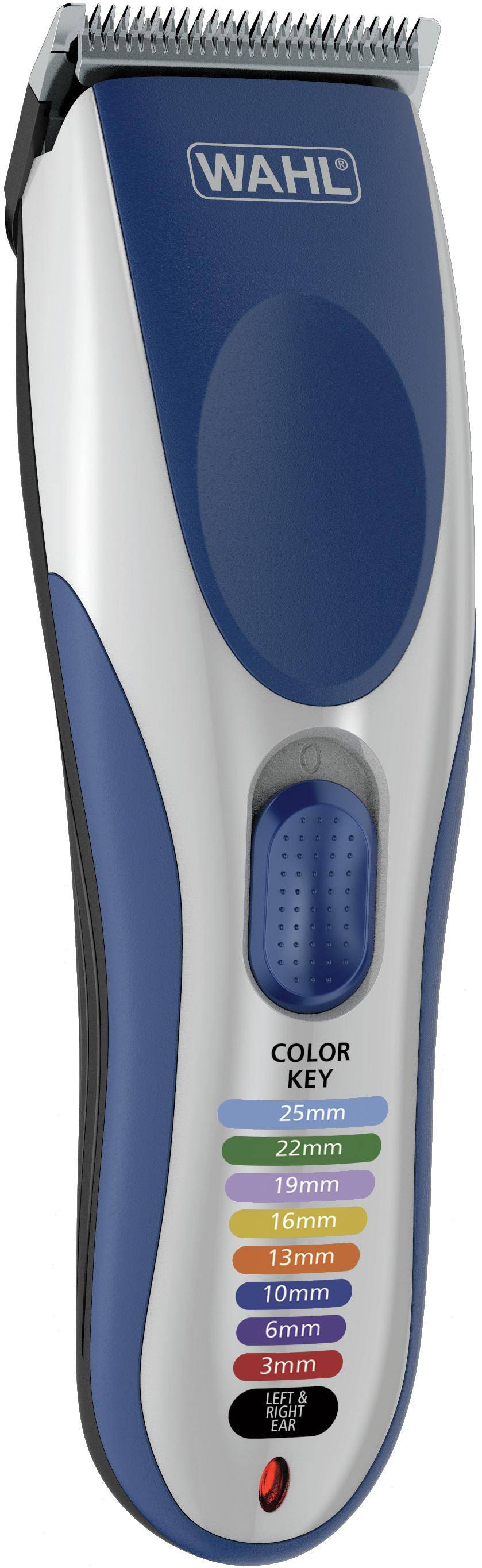 Wahl Color Pro Haarschneidemaschine mit verstellbarer farbcodierter Längenhilfe und Netzschalter, gezeigt in Blau und Silber.