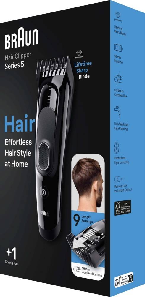 Elektrischer Haarschneider mit ergonomischem Griff in Verpackung, gezeigt mit einer Nahaufnahme von sorgfältig gestytem Herrenhaar. Text: 'Müheloses Haarstyling zu Hause'.