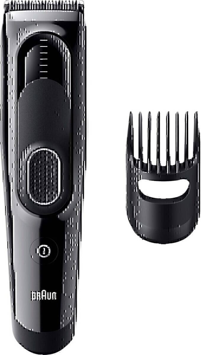 Elektrischer Trimmer mit abnehmbarem Kammaufsatz zum Haarschneiden. Sie werden nebeneinander vor einem weißen Hintergrund gezeigt.