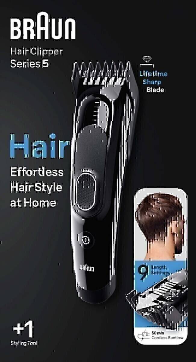 Schwarzer Braun-Haarschneider mit neun Längeneinstellungen und einer scharfen Klinge, der müheloses Haarschneiden zu Hause ermöglicht.