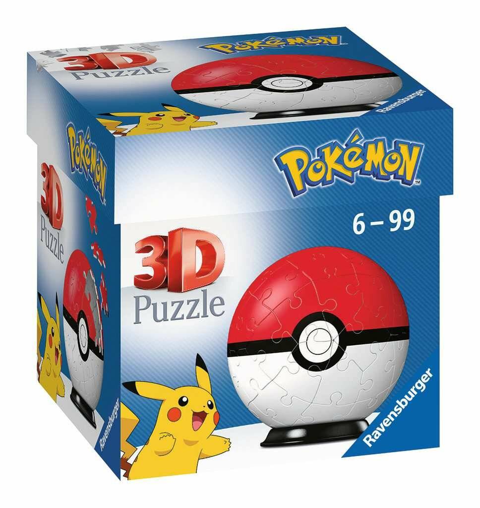 Pokémon 3D-Puzzlebox mit einem Pokéball und Pikachu, von Ravensburger für Alter 6–99 gekennzeichnet.