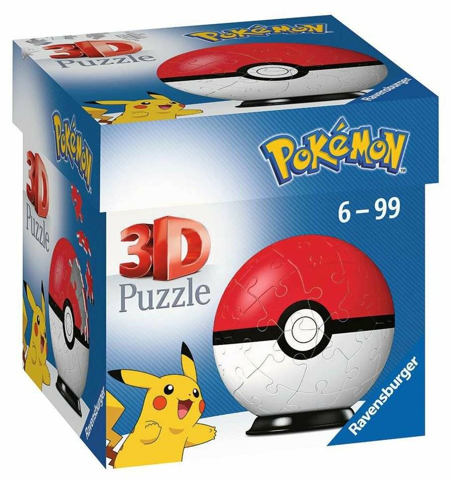 Pokémon 3D-Puzzlebox mit einem Pokéball, Pikachu und Altersbereich 6-99, Marke Ravensburger.