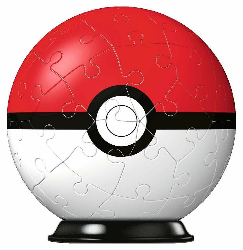 Poké Ball-förmige Puzzlekugel mit roter Oberseite, weißem Boden und schwarzem Mittelband auf einem Sockel.