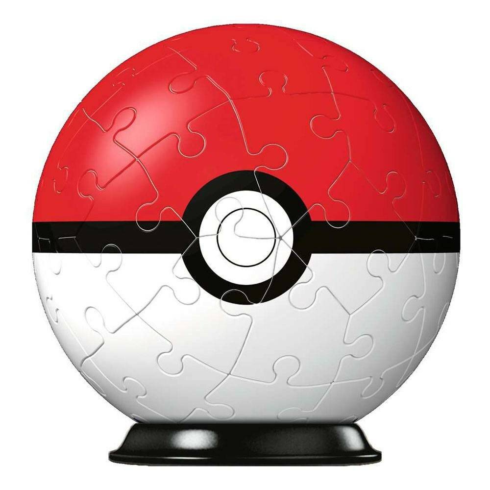 Poké Ball-ähnliche Kugel aus Puzzleteilen, rote Oberseite und weiße Unterseite mit schwarzem Mittelband und Ständer.