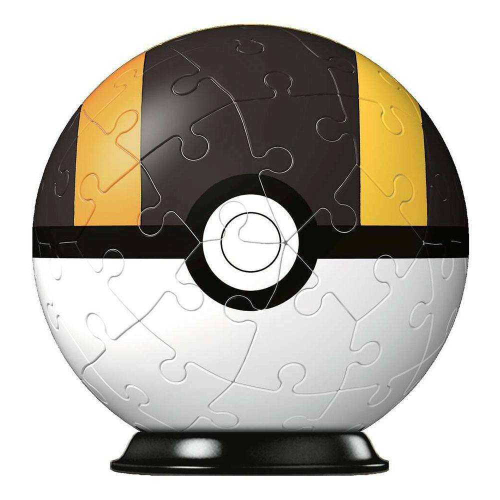 Poké Ball-förmiges Puzzle mit schwarzer Oberseite, weißem Boden, gelben Seitenpaneelen und einem schwarzen Mittelband auf einem kleinen Sockel.