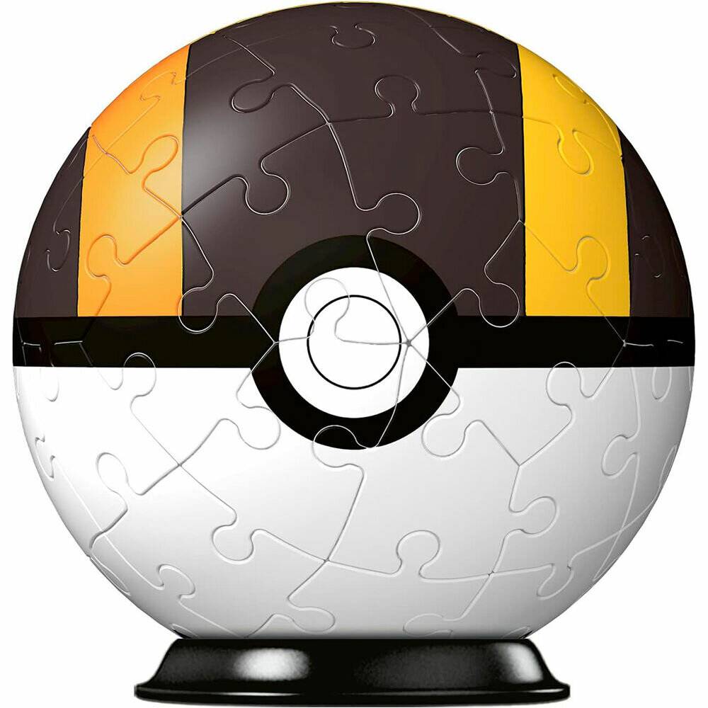 Pokéball-förmige Puzzlesphäre mit orangefarbenen und gelben oberen Paneelen, schwarzem Mittelband und weißer unterer Hälfte auf schwarzem Sockel.