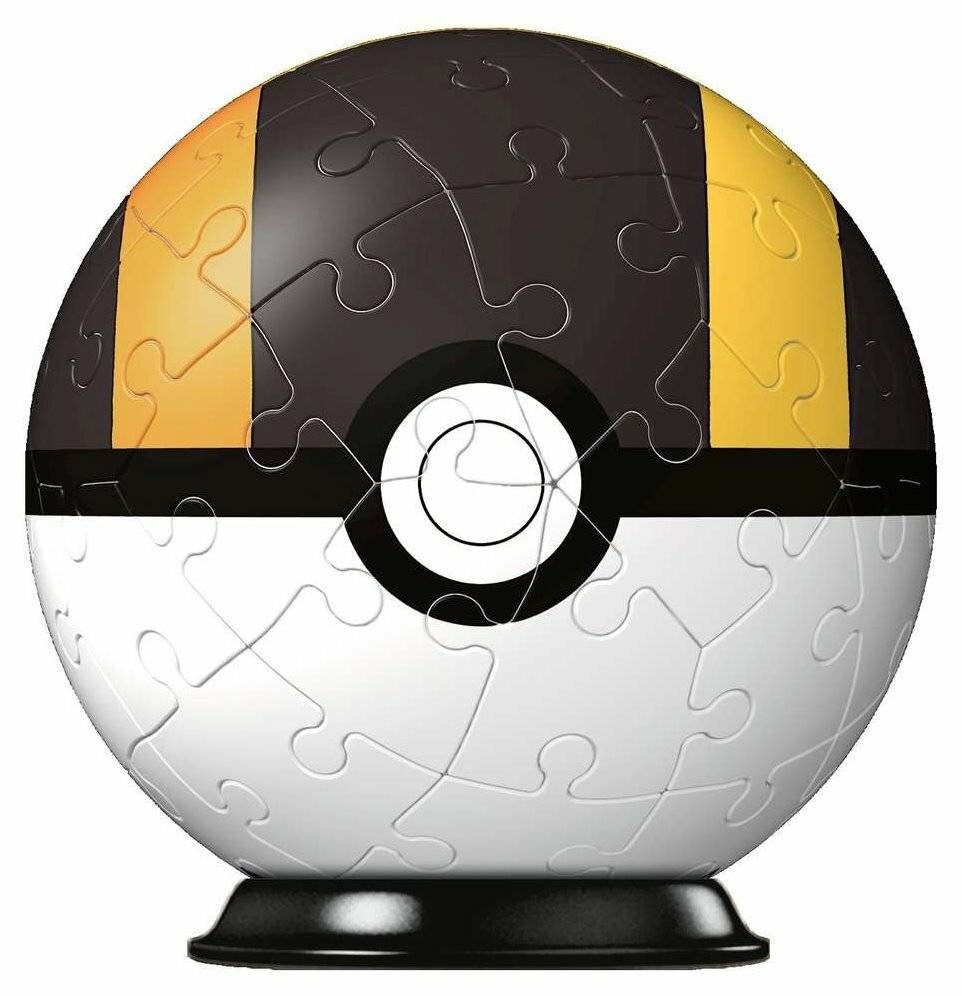 Poké Ball-förmiges Kugelpuzzle auf schwarzem Ständer, schwarz, weiß und gelb mit einem zentralen Kreis.