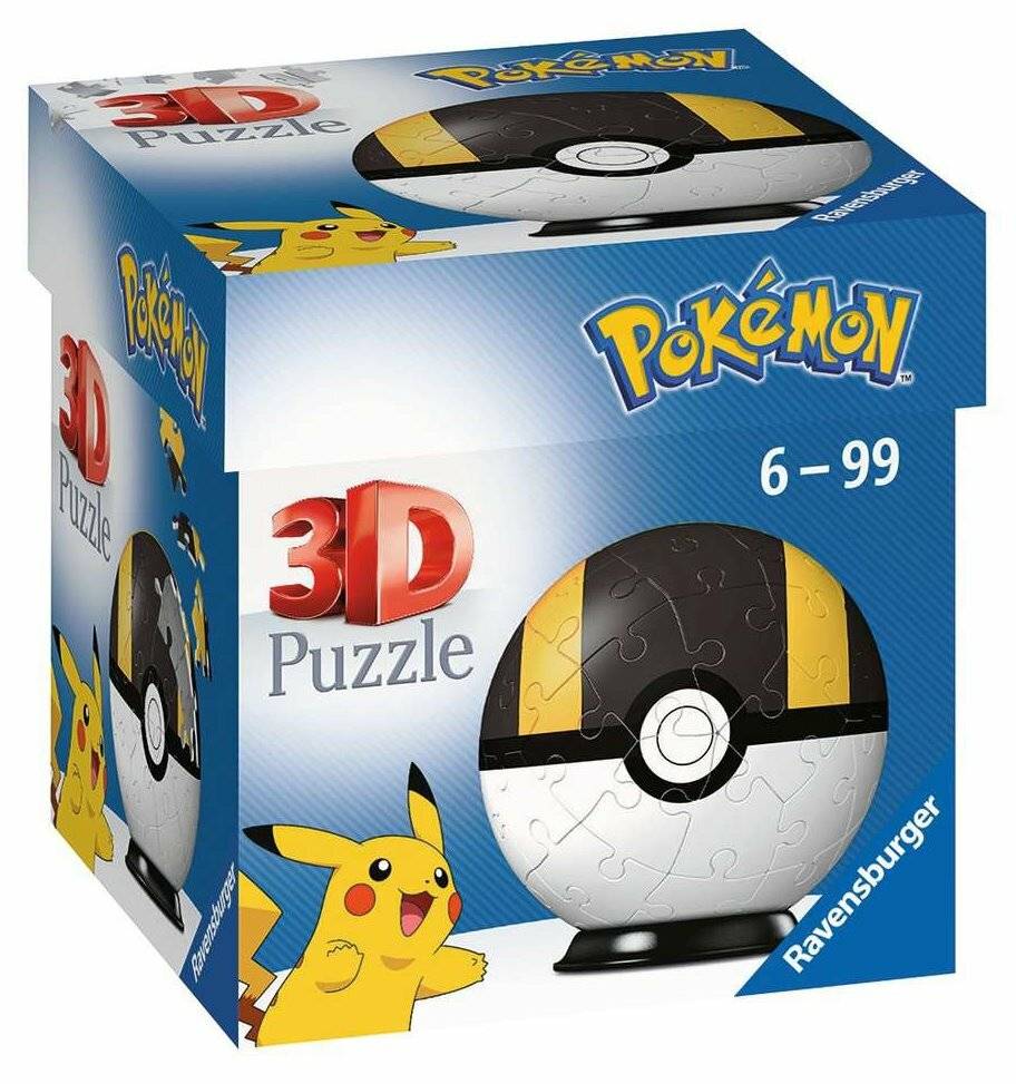 Pokémon 3D-Puzzlebox mit einem Pokéball und Pikachu, gekennzeichnet für Alter 6-99 von Ravensburger.