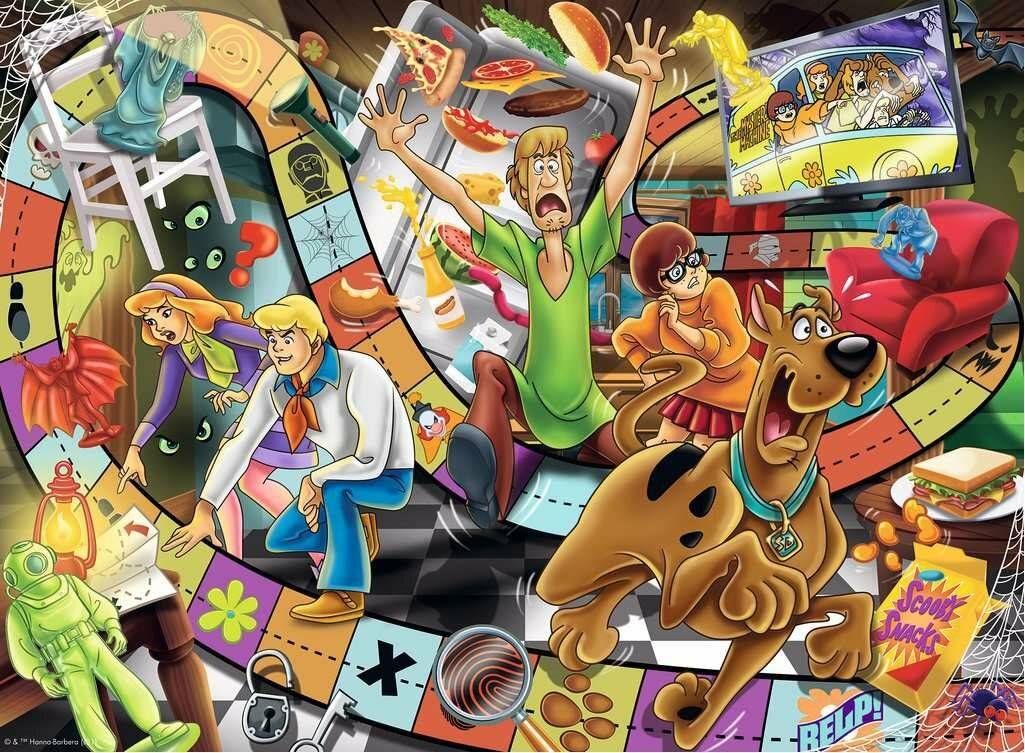 Scooby-Doo-Bande in einer chaotischen Spukhaus-Collage, mit Charakteren, die auf Monster und gruselige Hinweise inmitten bunter Comic-Szenen reagieren.