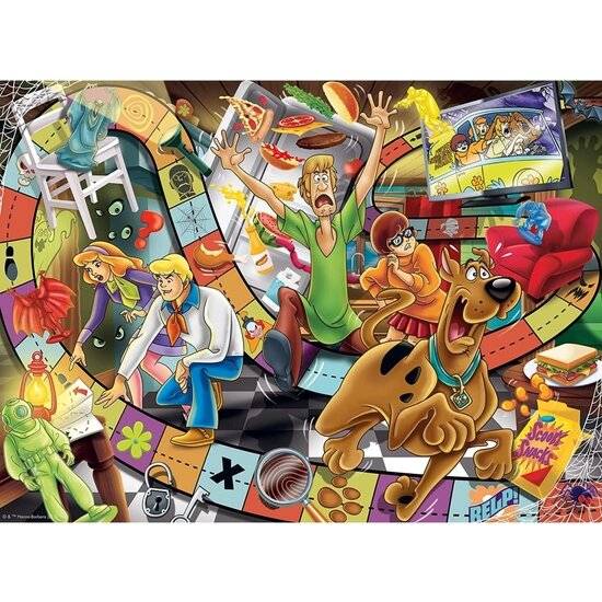 Cartoon von Scooby-Doo und der Mystery Inc. Gang auf einer gewundenen Brettspielstrecke, mit Shaggy, Velma, Fred, Daphne und einer angsteinflößenden monsterähnlichen Szene.