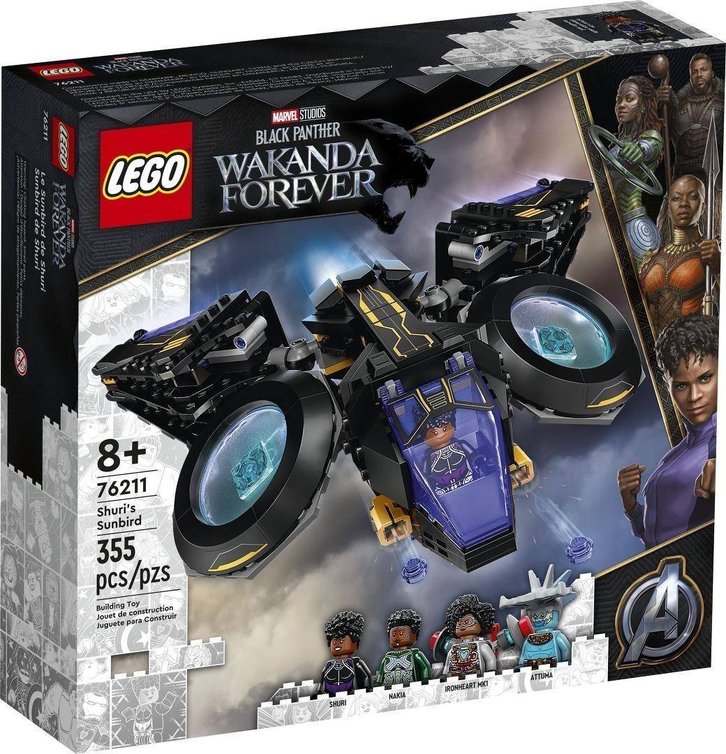 LEGO Marvel Black Panther: Wakanda Forever Shuri's Sunbird Baustein-Set Schachtel, zeigt das schwarz-goldene Jet, 355 Teile, ab 8 Jahren und Minifiguren.