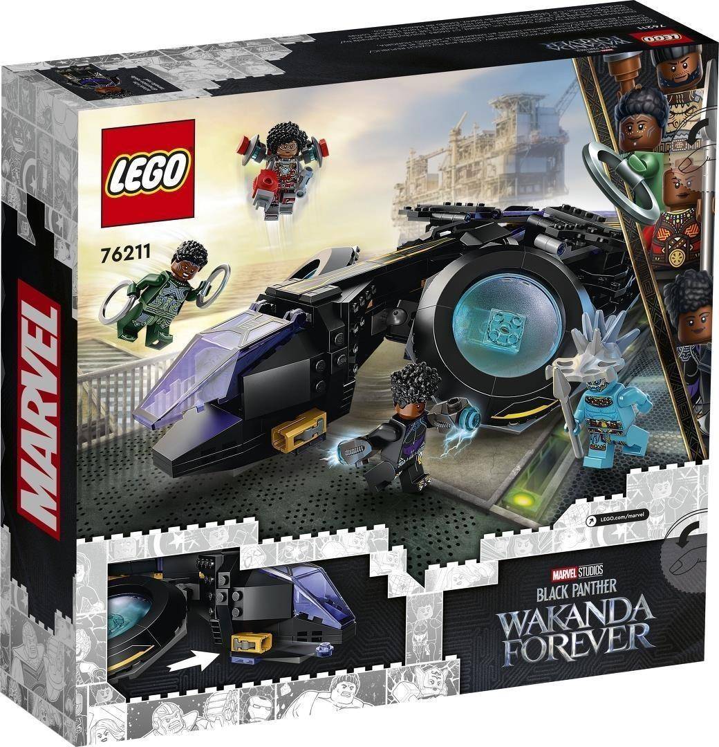 LEGO Marvel Black Panther Wakanda Forever Set 76211 Schachtelfrontseite mit einem schwarzen Flugzeug und vier Minifiguren aus dem Film.