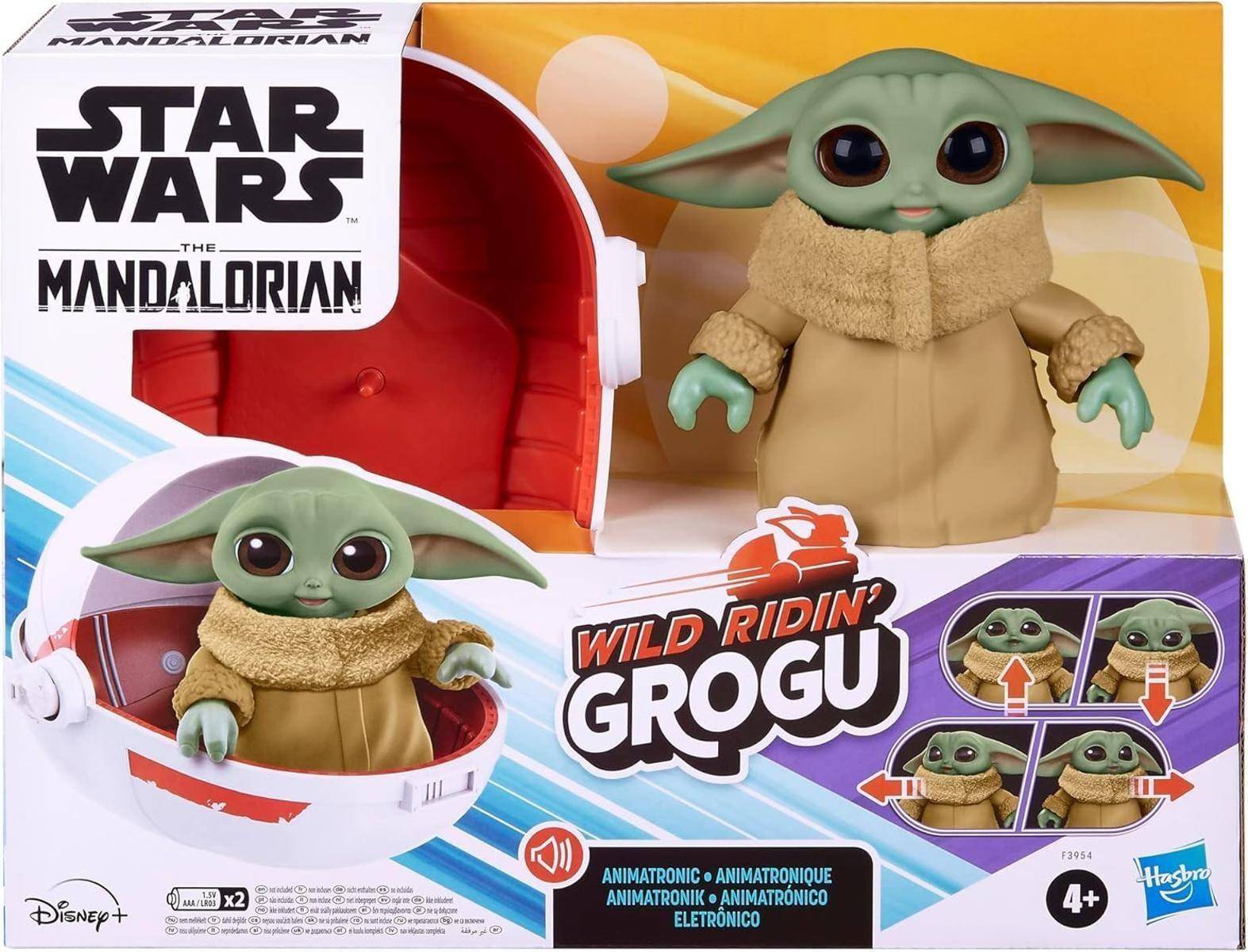 Star Wars Der Mandalorianer „Wild Ridin' Grogu" Spielzeugset in Verpackung gezeigt, mit einer Grogu-Figur und rotem Podfahrzeug, ab 4 Jahren.