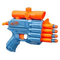 Blau-orange Nerf-Spielzeugpistole mit vier orangefarbenen Darts geladen und einem Visier auf der Oberseite.