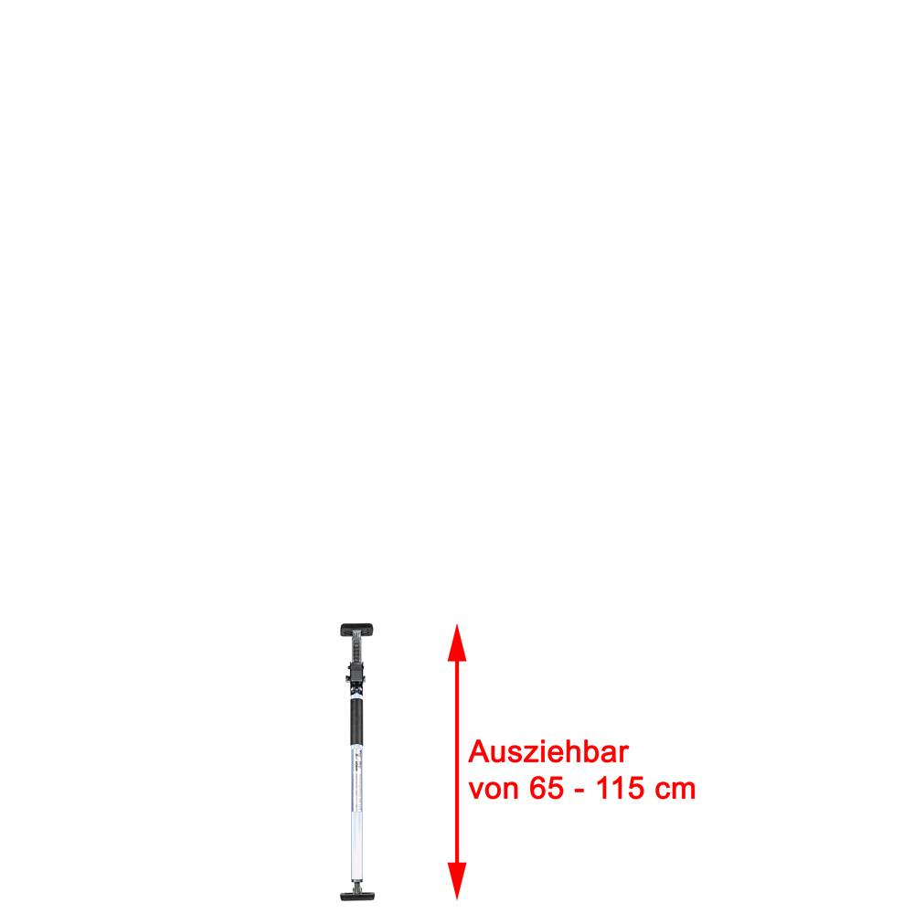 Verstellbare Handpumpe oder Stützstange mit einem doppelköpfigen roten Pfeil mit der Beschriftung „Ausziehbar von 65 - 115 cm