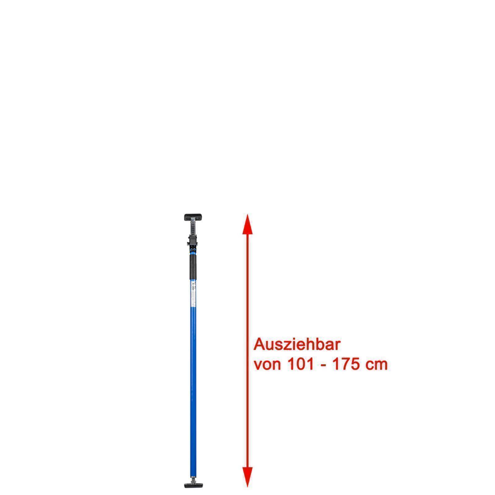 Blauwe ausziehbare Teleskopstange auf weißem Hintergrund mit rotem Doppelpfeil und Text 