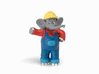 Eine Spielzeugelefantenfigur in einem gelben Schutzhelm und blauen Overalls, die mit einem erhobenen Arm vor einem weißen Hintergrund posiert.