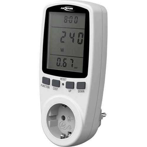 Ein weißes Strommessgerät mit 240V Spannung, 0,67 Watt Verbrauch und einer COST-Taste zur Verfolgung des Energieverbrauchs.