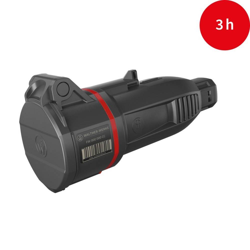 Schwarze und rote Taschenlampe mit einer Beschriftung '3h' in einem roten Kreis, die drei Stunden Batterielebensdauer anzeigt.