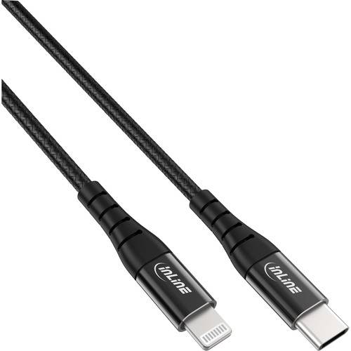 Ein schwarzes geflochtenes Kabel mit USB-C-Anschluss auf der einen Seite und Lightning-Anschluss auf der anderen Seite, verwendet zum Laden und Datentransfer.