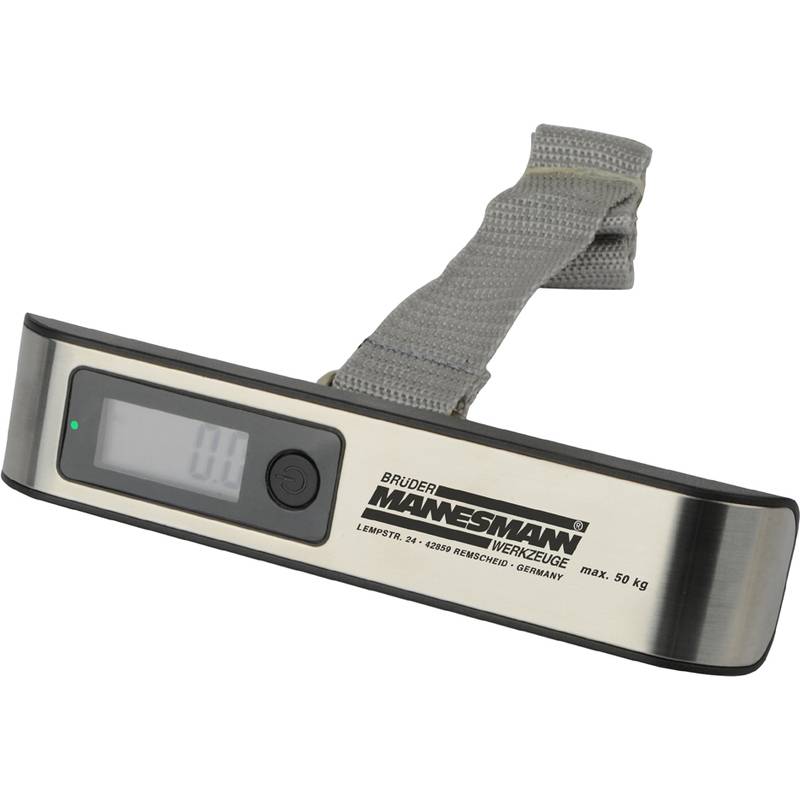 Eine digitale Gepäckwaage mit einem grauen Riemen, die '0' auf dem Display zeigt. Die maximale Kapazität beträgt 50 kg.