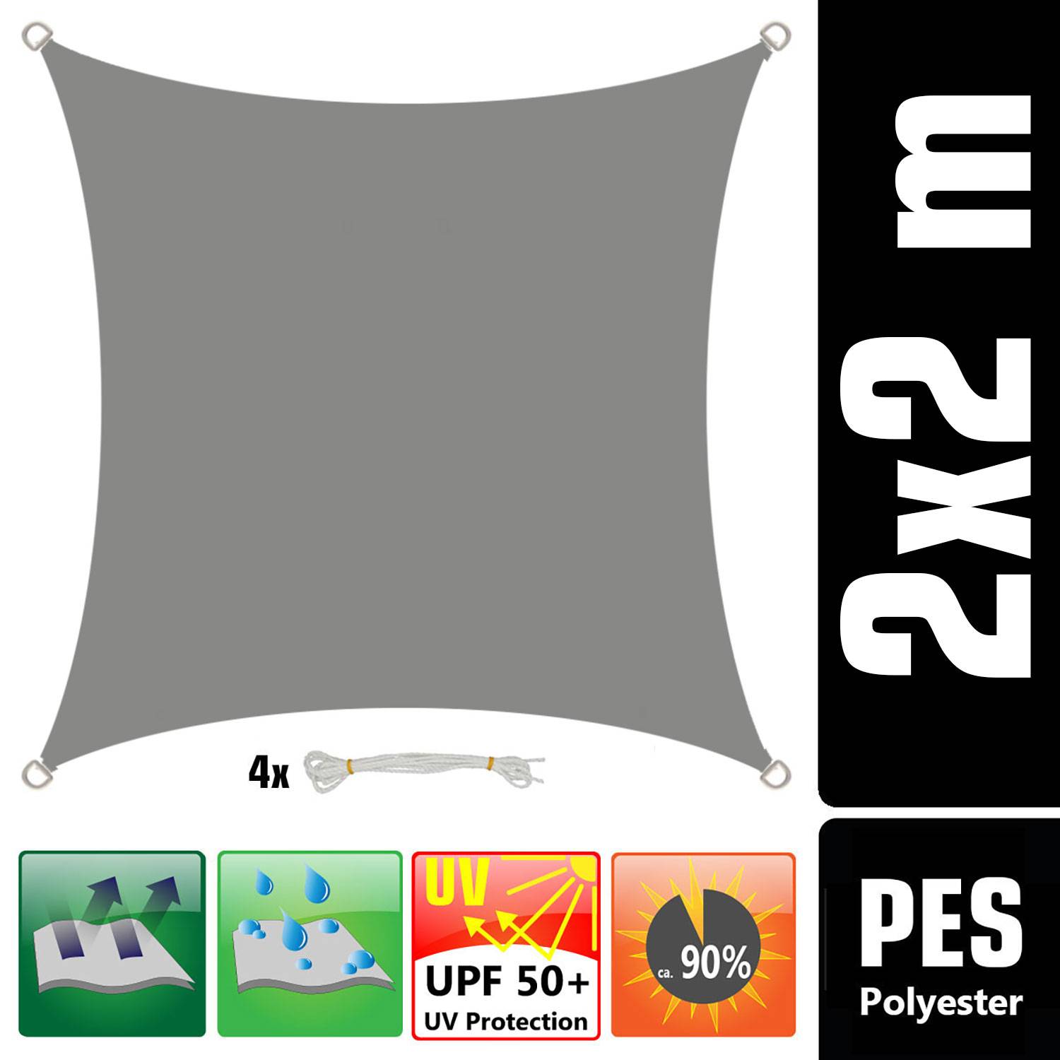 UV Sonnensegel Wasserdicht 2x2 - Viereckig - Sonnenschutz Segel Garten Terrasse