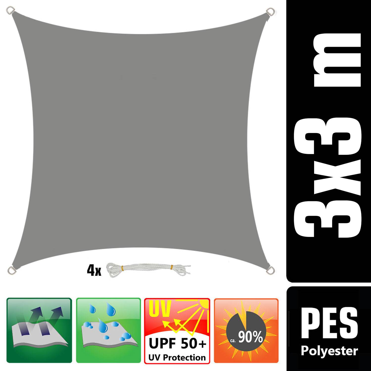 UV Sonnensegel Wasserdicht 3x3 - Viereckig - Sonnenschutz Segel Garten Terrasse