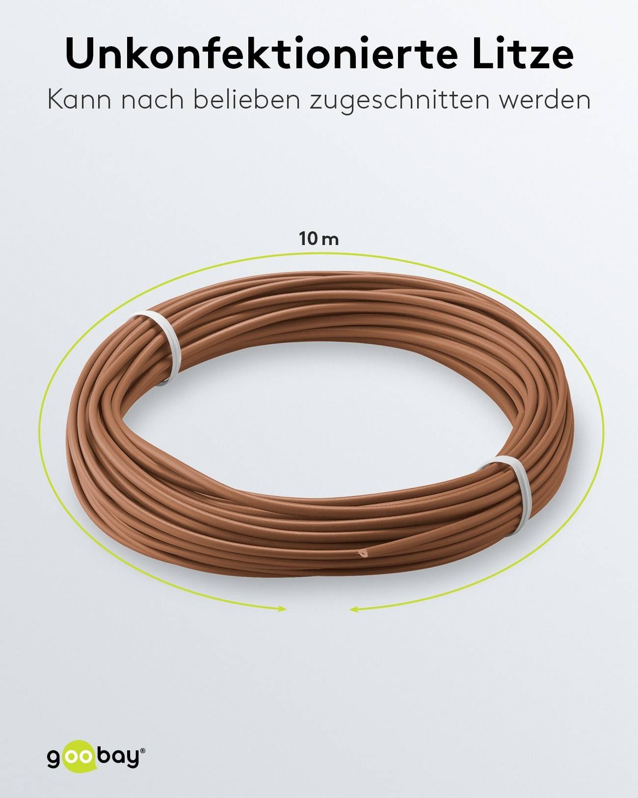 Ein aufgerolltes braunes Kabel mit einer Länge von 10 Metern und Text oben mit der Aufschrift „Kann nach belieben zugeschnitten werden