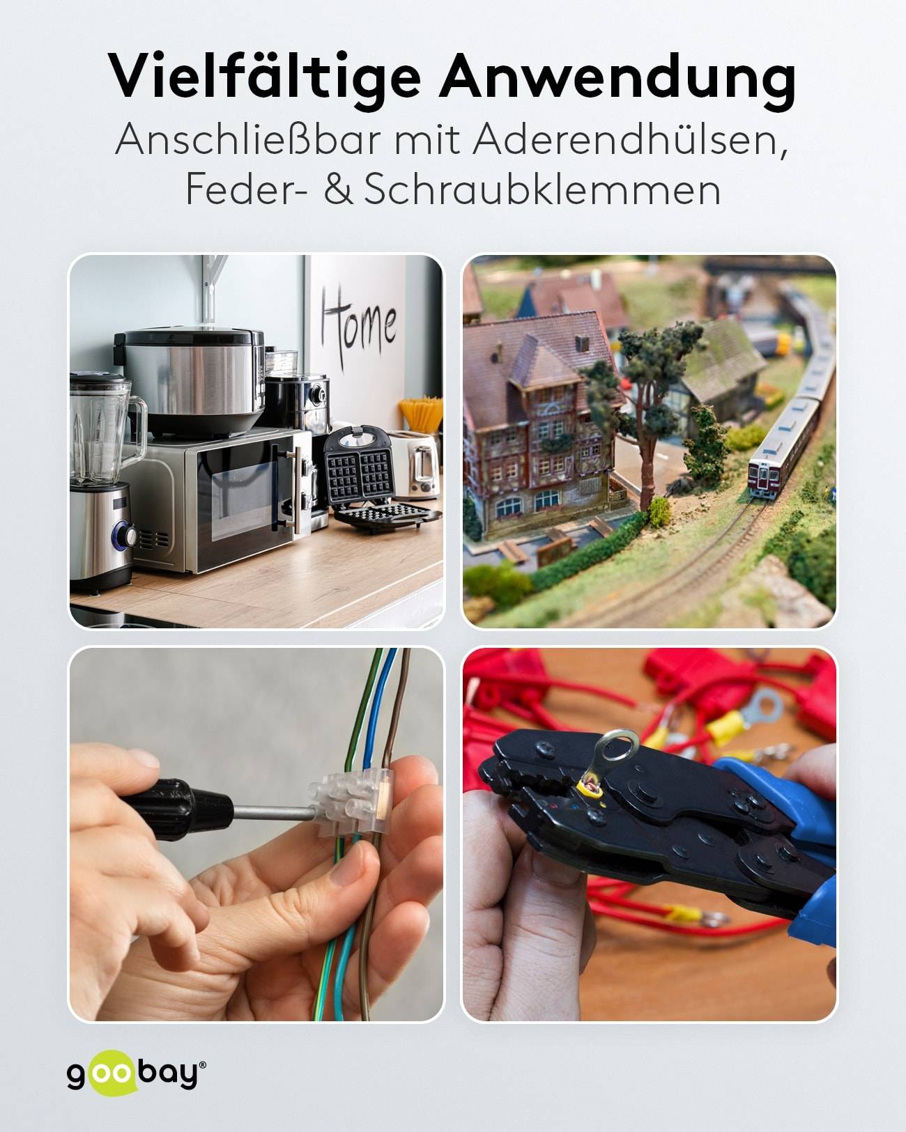 Anschließbar mit Aderendhülsen, Feder- & Schraubklemmen.' Küchentheke mit Geräten; Modelleisenbahnen und Gebäude; Handverdrahtungsstecker; Nahaufnahme des Werkzeugs mit Verdrahtung.