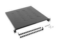 Schwarzes belüftetes Regalregal mit Montageklammern und Schrauben, dargestellt mit zwei Stützschienen und Hardware auf weißem Hintergrund.
