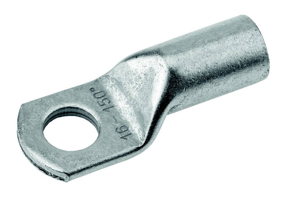 Ein metallischer Anschluss mit einem Loch und den eingravierter Zahl '16-150', verwendet für elektrische Verbindungen.