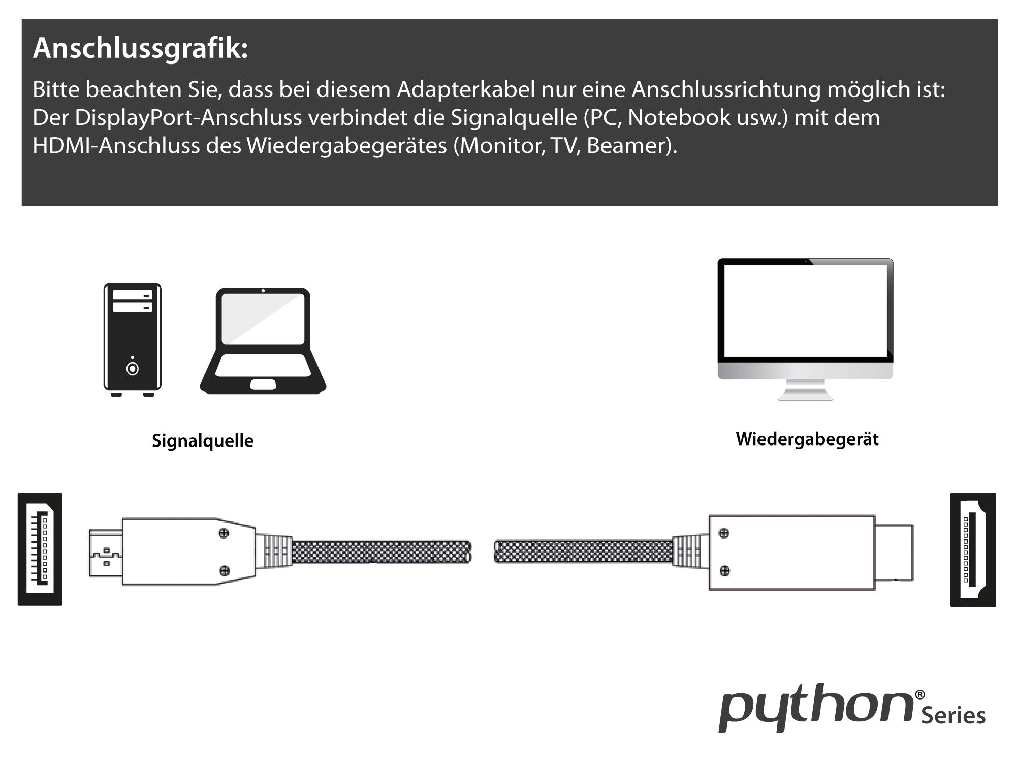 Anschlusskabel DisplayPort 1.4 an HDMI 2.0, 4K / UHD @60Hz, Vollmetallstecker, vergoldete Kontakte, OFC, schwarz, 2m