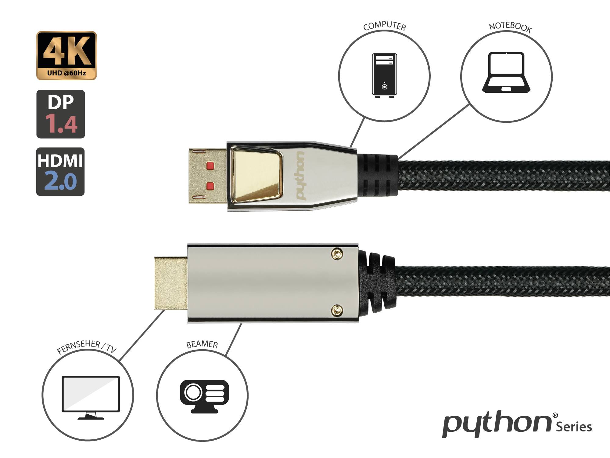 Anschlusskabel DisplayPort 1.4 an HDMI 2.0, 4K / UHD @60Hz, Vollmetallstecker, vergoldete Kontakte, OFC, schwarz, 3m